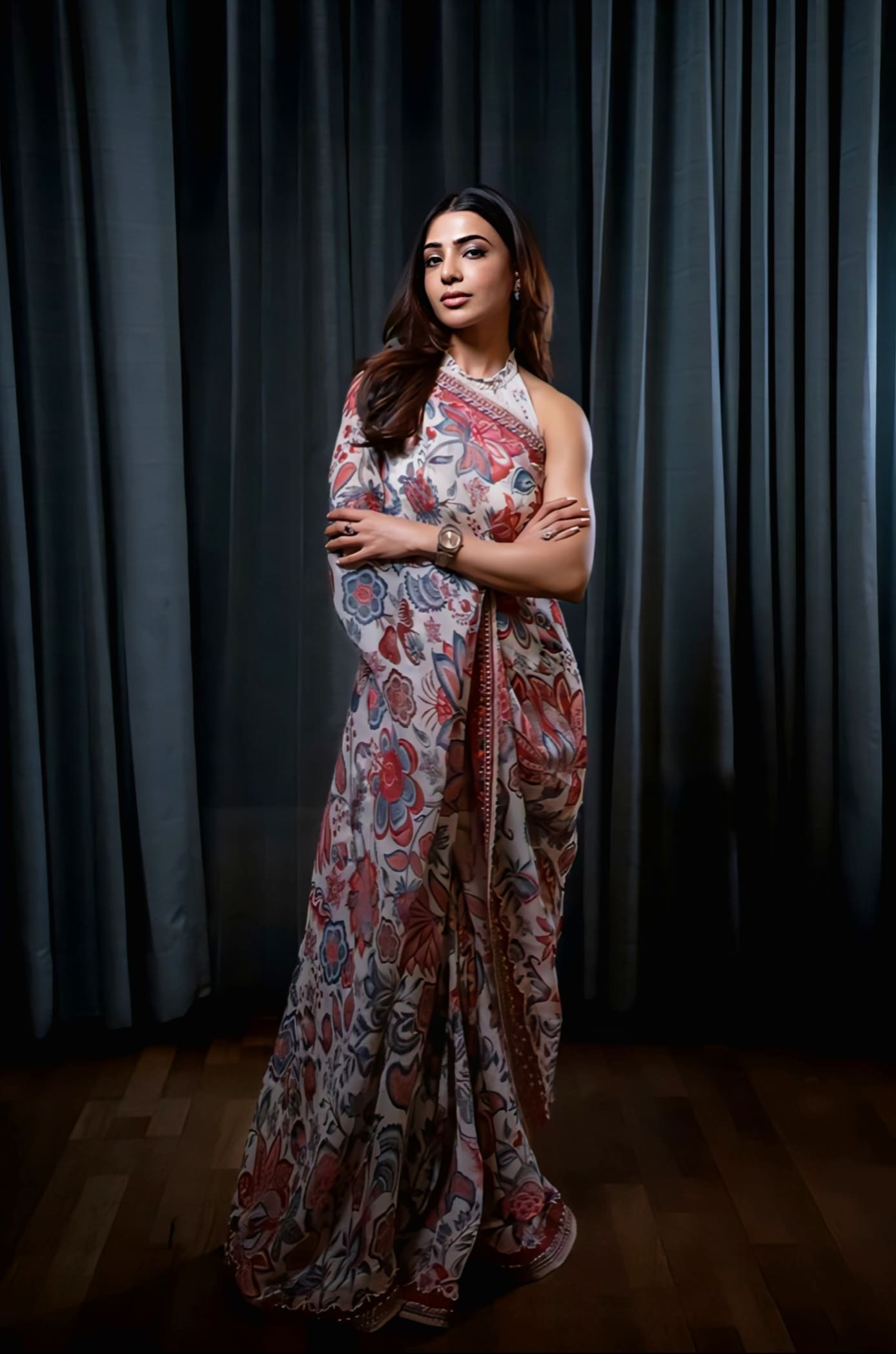 Samantha Ruth Prabhu inspired multicolour viscose organza saree set with digital print and georgette blouse for festive wear