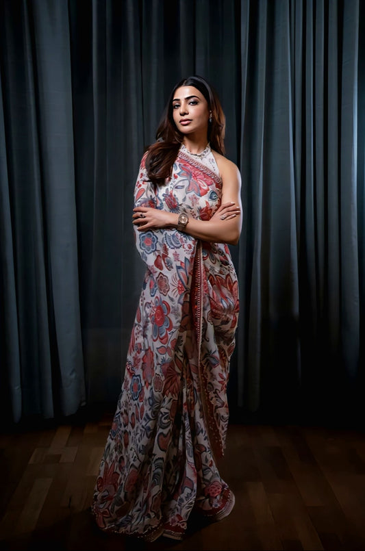 Samantha Ruth Prabhu inspired multicolour viscose organza saree set with digital print and georgette blouse for festive wear