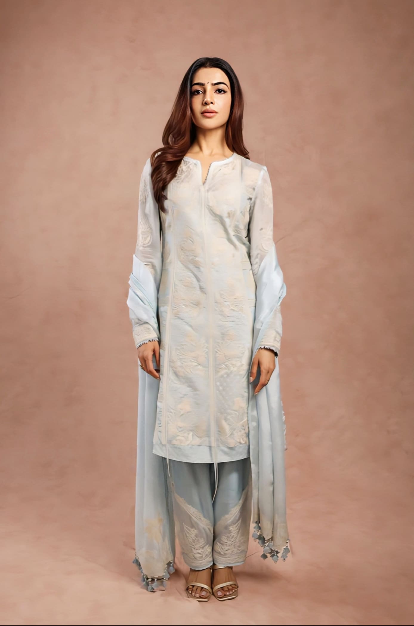 Samantha Ruth Prabhu Inspired Blue Dori Embroidered Silk Organza Kurta Set | Pushkar Samrina Designer Outfit