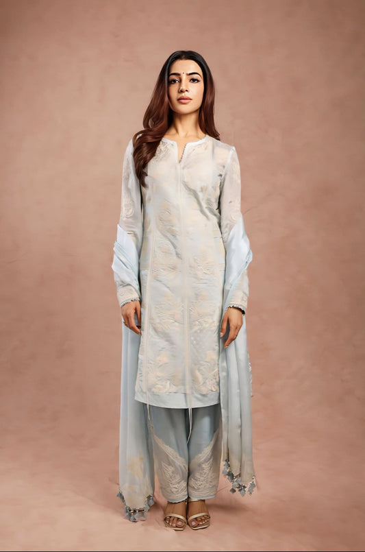Samantha Ruth Prabhu Inspired Blue Dori Embroidered Silk Organza Kurta Set | Pushkar Samrina Designer Outfit