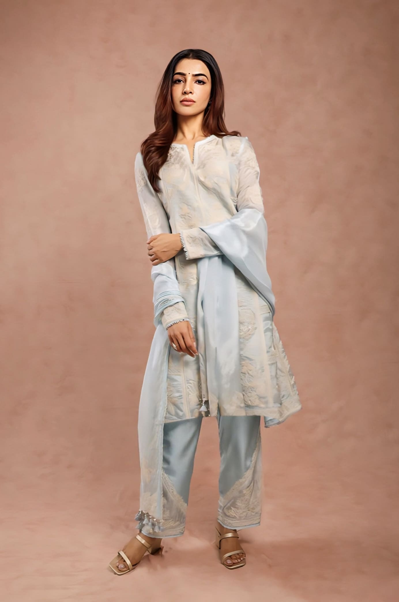 Samantha Ruth Prabhu Inspired Blue Dori Embroidered Silk Organza Kurta Set | Pushkar Samrina Designer Outfit
