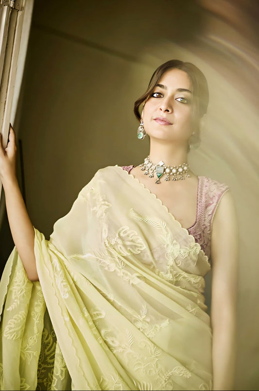 Tanya Maniktala inspired yellow and pink embroidered organza saree set with silk blouse for haldi and festive wear