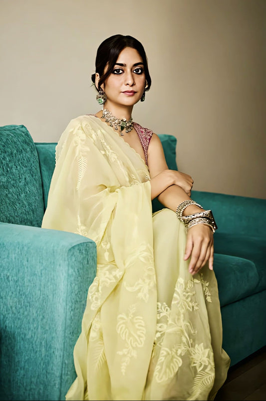 Tanya Maniktala Inspired Yellow Pink Embroidered Organza Saree Set | Kasmai Pankhuri Meera Designer Outfit