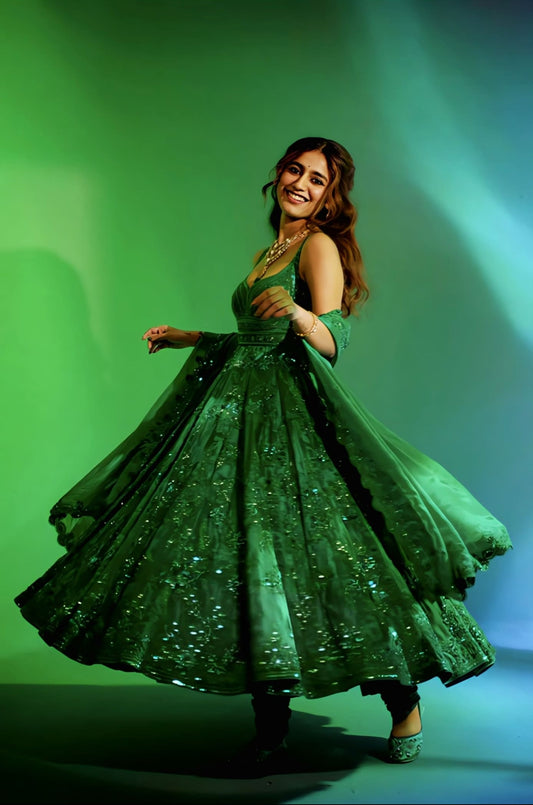 Priya P Varrier inspired green silk Anarkali set with embroidery and organza dupatta for festive wear