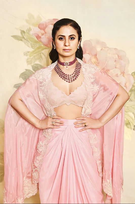 Rasika Dugal inspired pink cape set with butterfly net cape cotton silk bralette and silk crepe organza skirt with embroidery