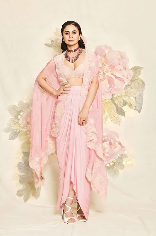 Rasika Dugal Inspired Pink Embroidered Cape Set with Skirt | Gulaban Zuri Designer Couture Outfit
