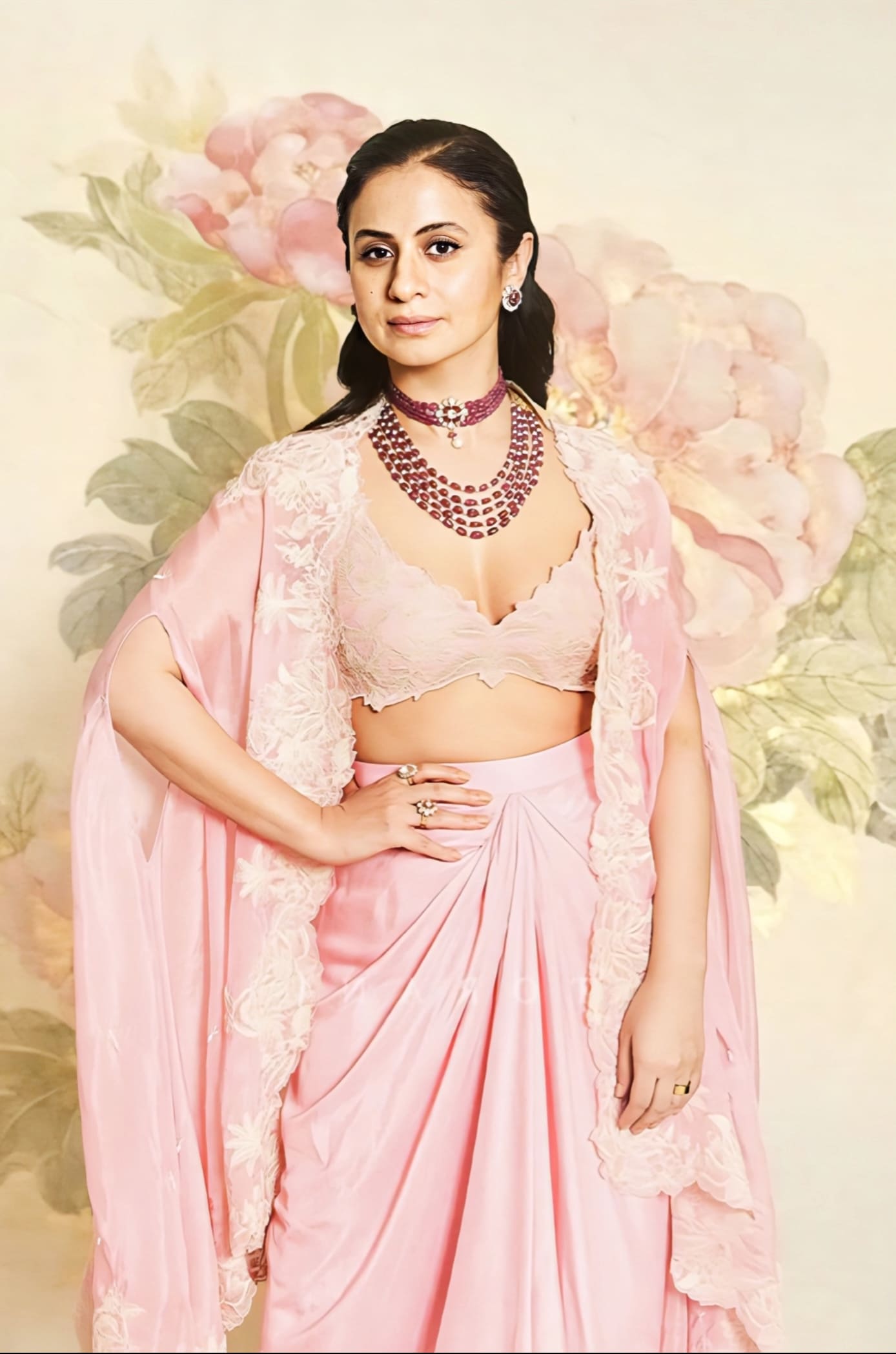 Rasika Dugal Inspired Pink Embroidered Cape Set with Skirt | Gulaban Zuri Designer Couture Outfit