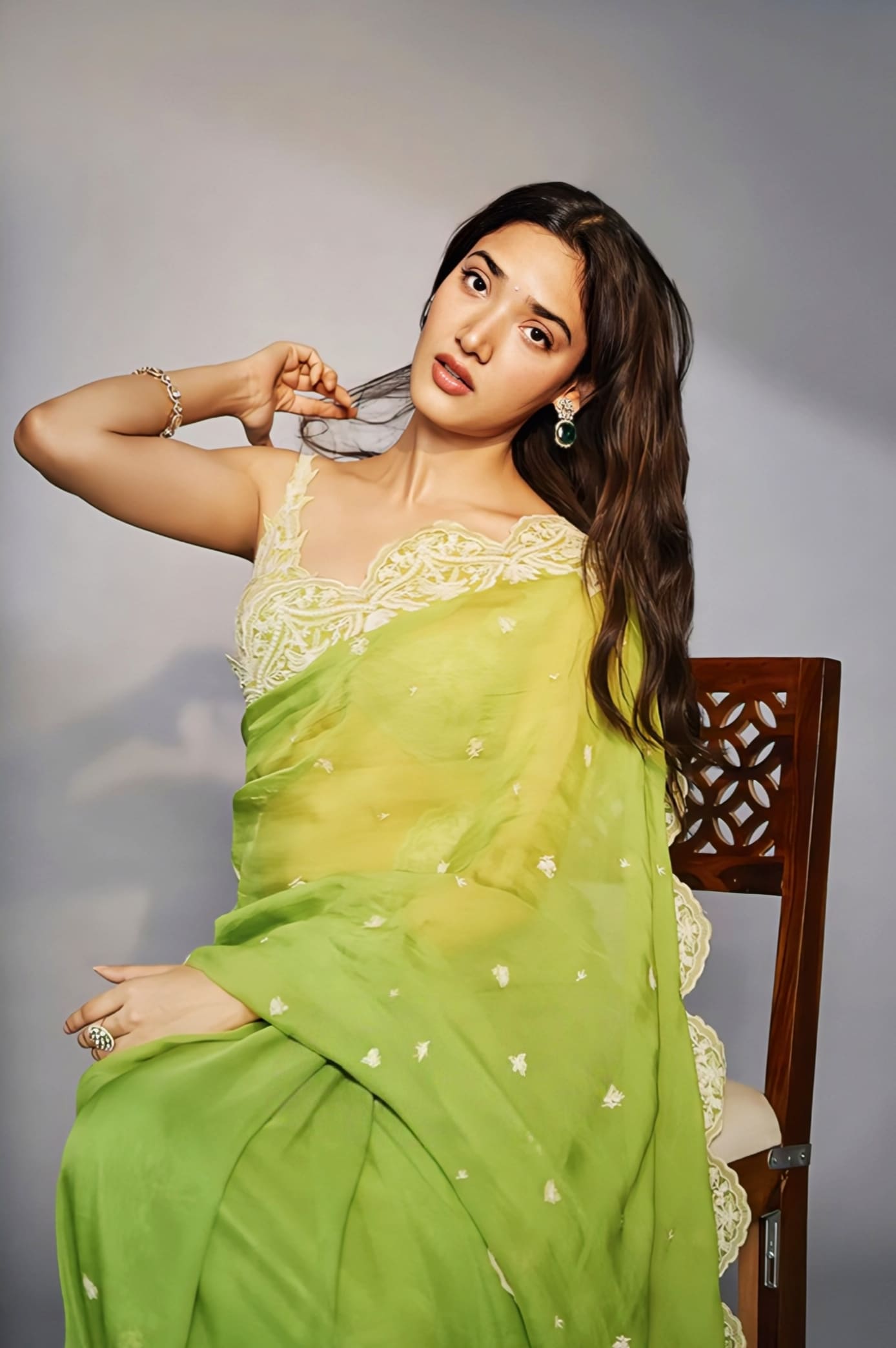 Medha Shankr Inspired Green Embroidered Organza Saree Set with Bralette | Angoori Nitya Ziya Designer Outfit
