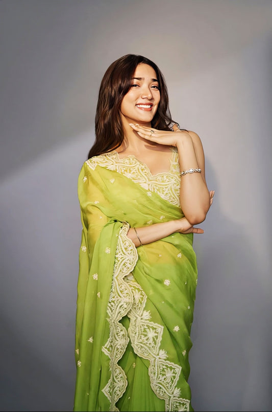 Medha Shankr inspired green organza saree set with embroidered detailing butterfly net bralette and tassel work for festive wear