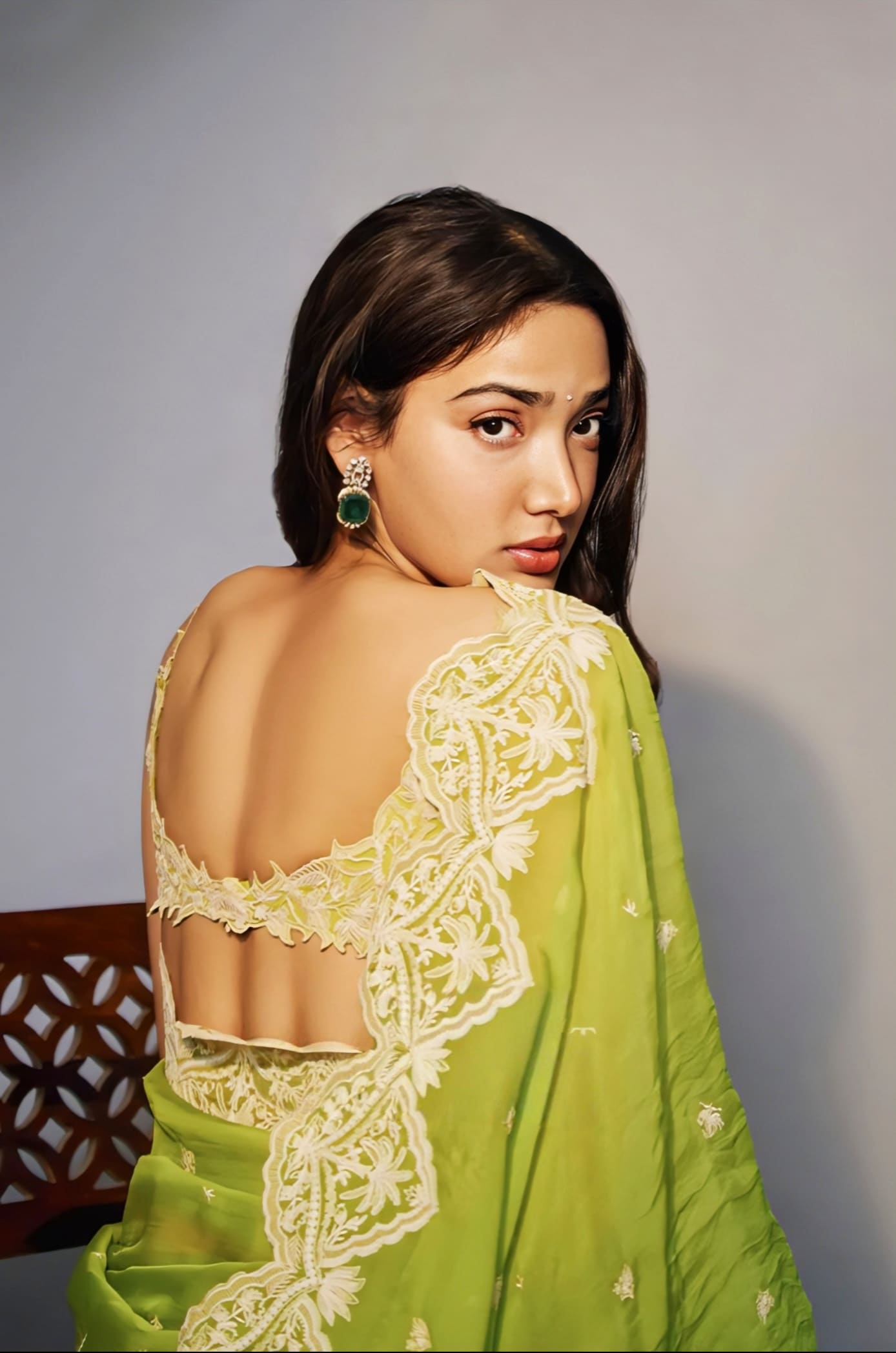 Medha Shankr Inspired Green Embroidered Organza Saree Set with Bralette | Angoori Nitya Ziya Designer Outfit