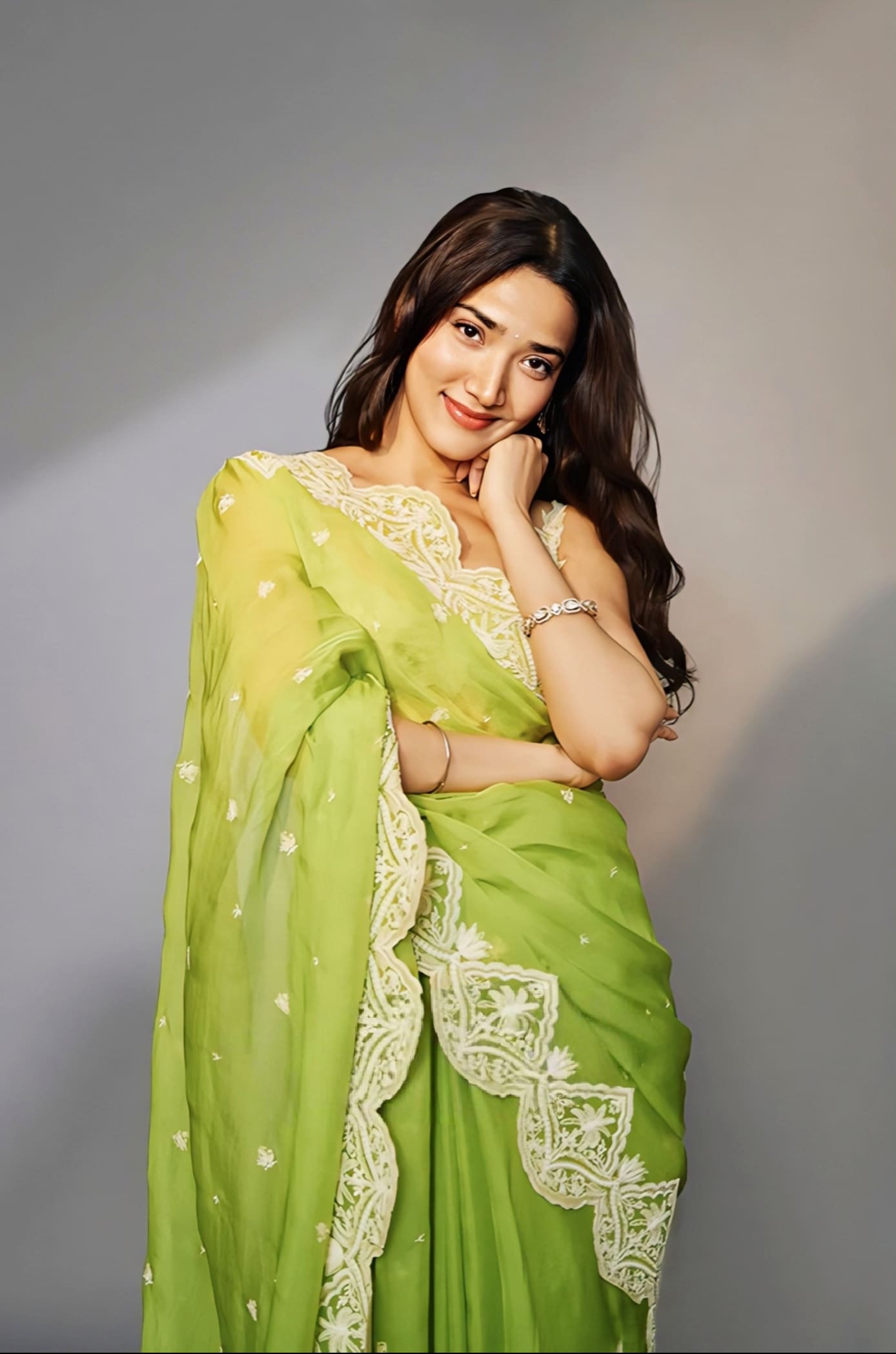 Medha Shankr Inspired Green Embroidered Organza Saree Set with Bralette | Angoori Nitya Ziya Designer Outfit