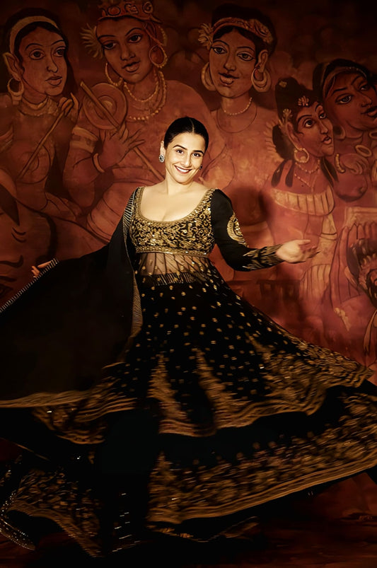 Vidya Balan inspired black silk Anarkali set with embroidery butterfly net detailing and chiffon dupatta for festive wear