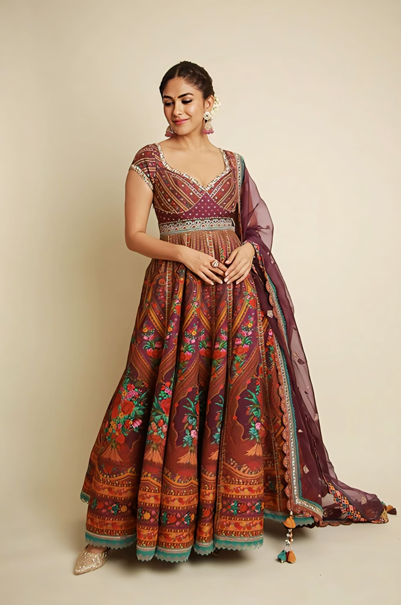Mrunal Thakur inspired purple slub silk Anarkali set with digital print and sequin work with organza dupatta
