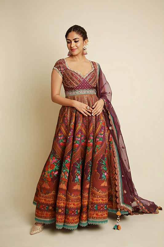 Mrunal Thakur inspired purple slub silk Anarkali set with digital print and sequin work with organza dupatta