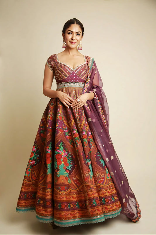 Mrunal Thakur Inspired Purple Digital & Sequin Work Slub Silk Anarkali Set | Dil Kusha Zaiba Designer Outfit