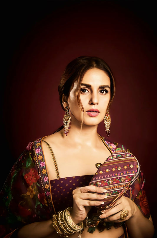 Huma Qureshi Inspired Purple Digital Print Cape & Sharara Set | Dil Kusha Anamari Designer Outfit