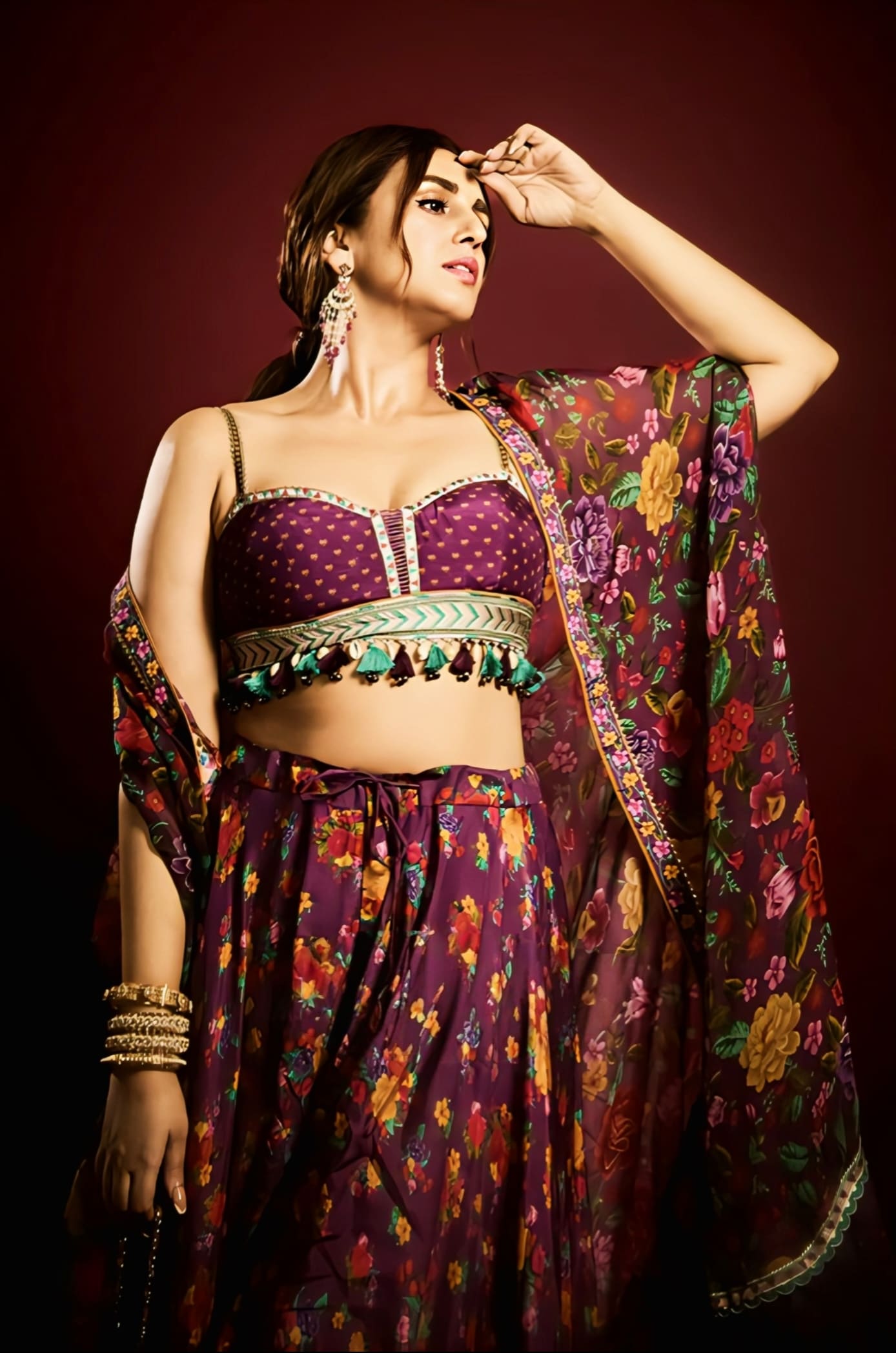 Huma Qureshi Inspired Purple Digital Print Cape & Sharara Set | Dil Kusha Anamari Designer Outfit