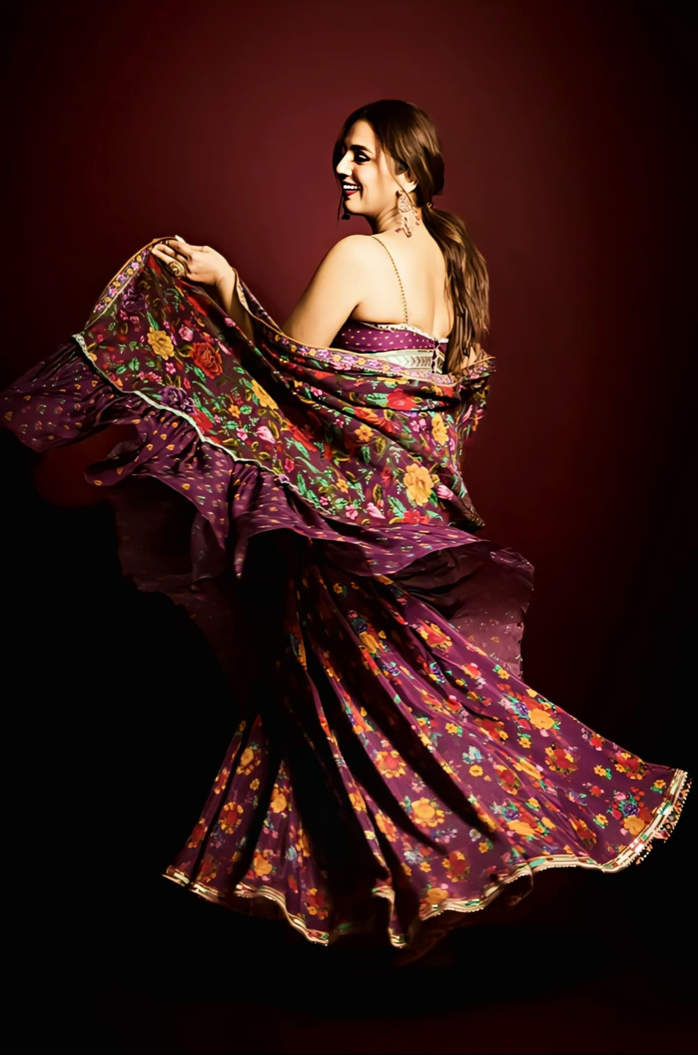 Huma Qureshi Inspired Purple Digital Print Cape & Sharara Set | Dil Kusha Anamari Designer Outfit