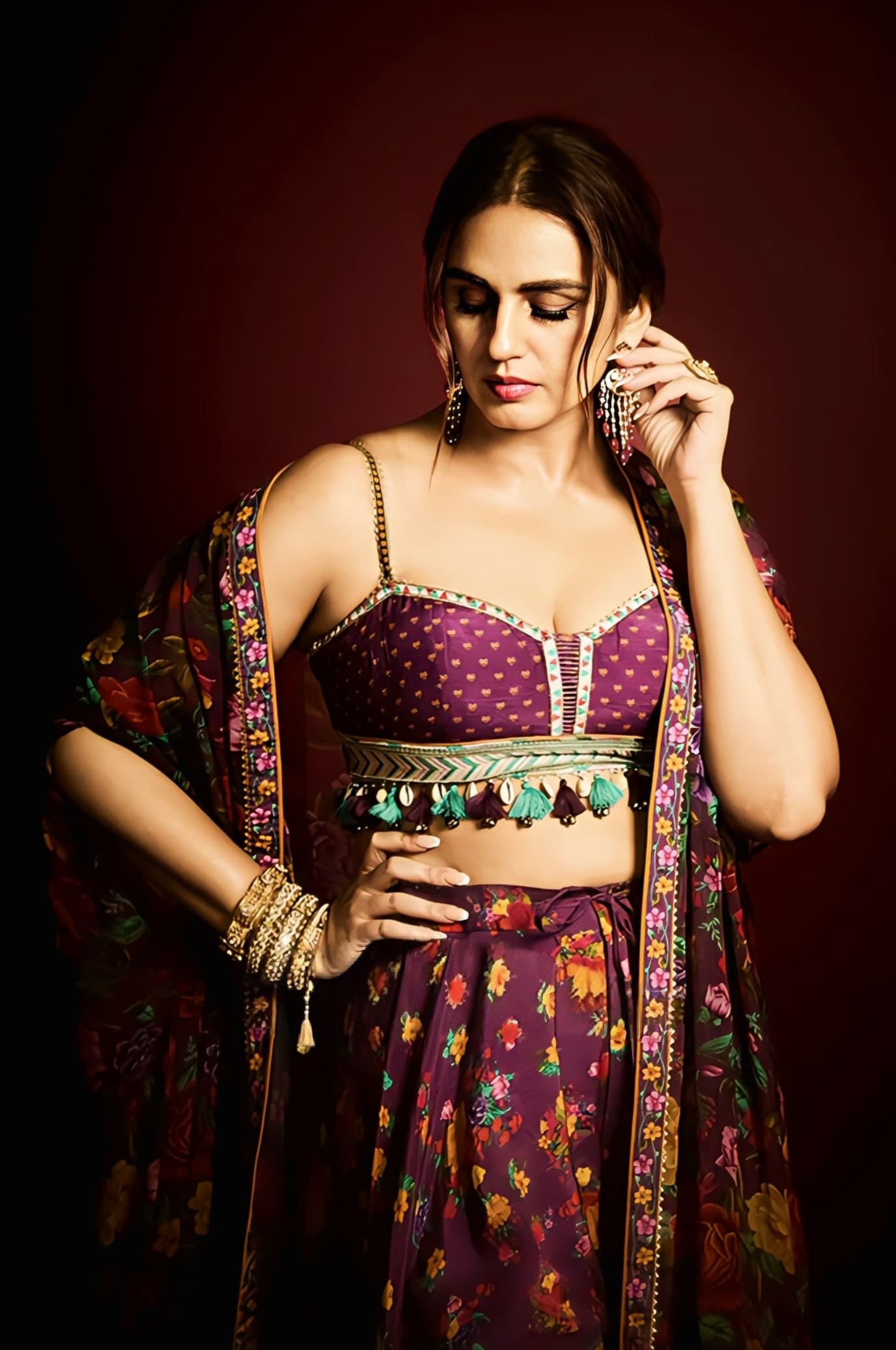 Huma Qureshi Inspired Purple Digital Print Cape & Sharara Set | Dil Kusha Anamari Designer Outfit