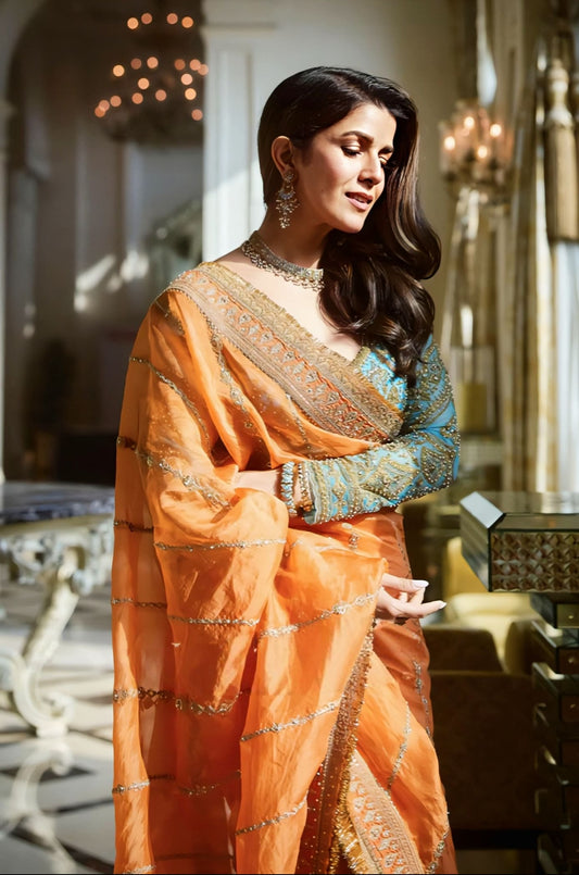 Nimrat Kaur Inspired Orange & Blue Embroidered Organza Saree Set | Pukhraj Ramani Designer Outfit