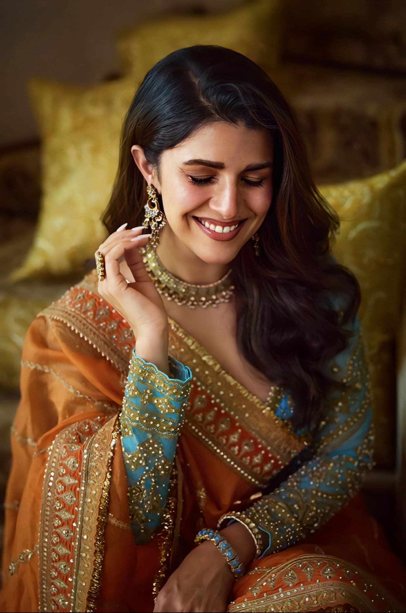 Nimrat Kaur Inspired Orange & Blue Embroidered Organza Saree Set | Pukhraj Ramani Designer Outfit