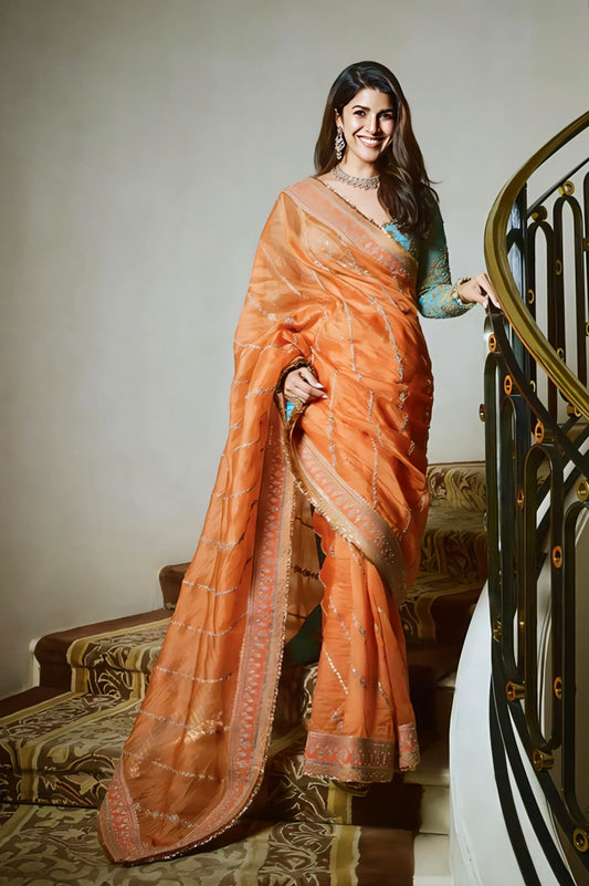 Nimrat Kaur inspired orange and blue embroidered organza saree set with butterfly net blouse for festive wear