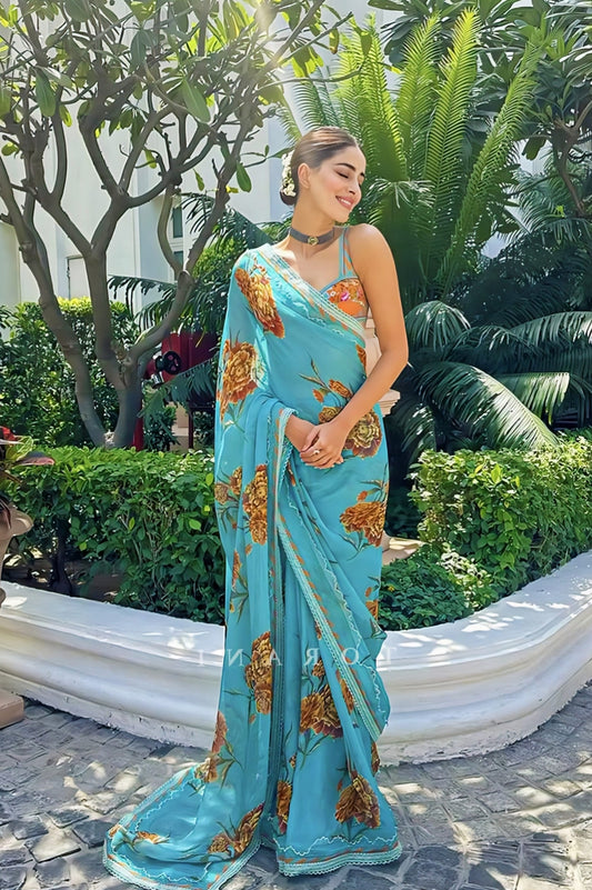 Ananya Panday inspired blue and orange viscose organza saree set with digital print and silk blouse for festive wear