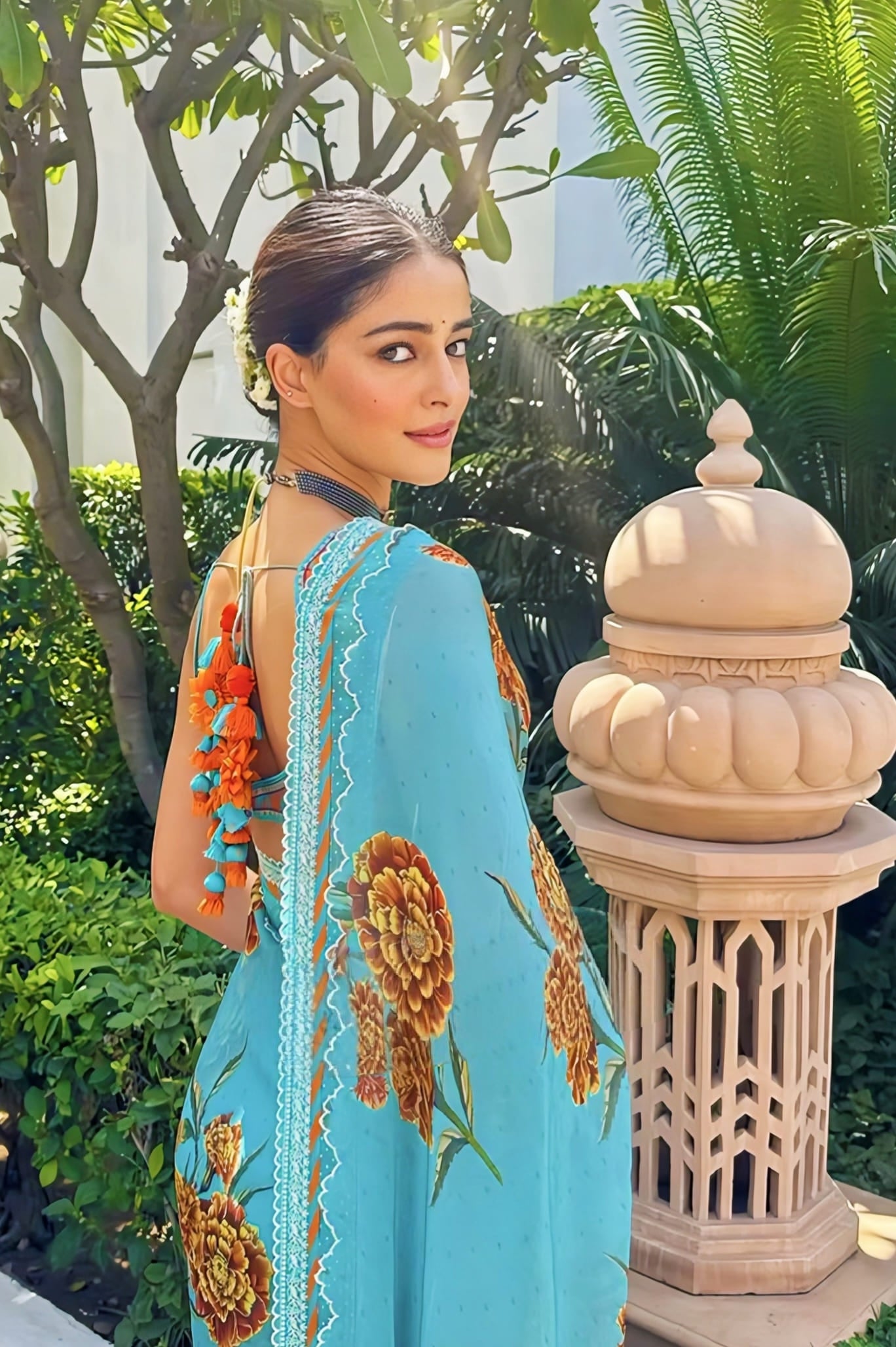 Ananya Panday Inspired Blue & Orange Digital Print Organza Saree Set | Firoza Raasika Designer Outfit