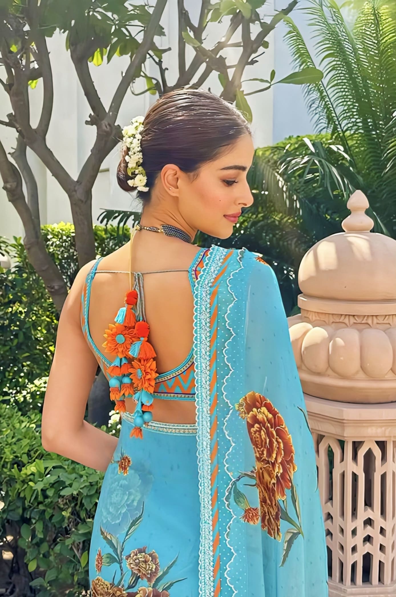 Ananya Panday Inspired Blue & Orange Digital Print Organza Saree Set | Firoza Raasika Designer Outfit