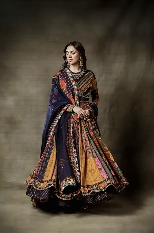 Aditi Rao Hydari inspired blue multicolour silk Anarkali set with digital print and organza dupatta for festive wear