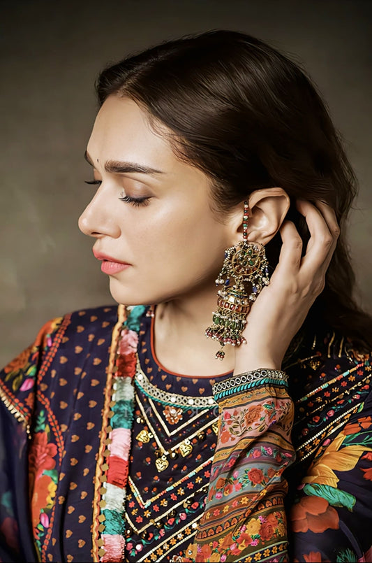 Aditi Rao Hydari Inspired Blue Multicolour Digital Print Silk Anarkali Set | Dil Rang Zareen Designer Outfit