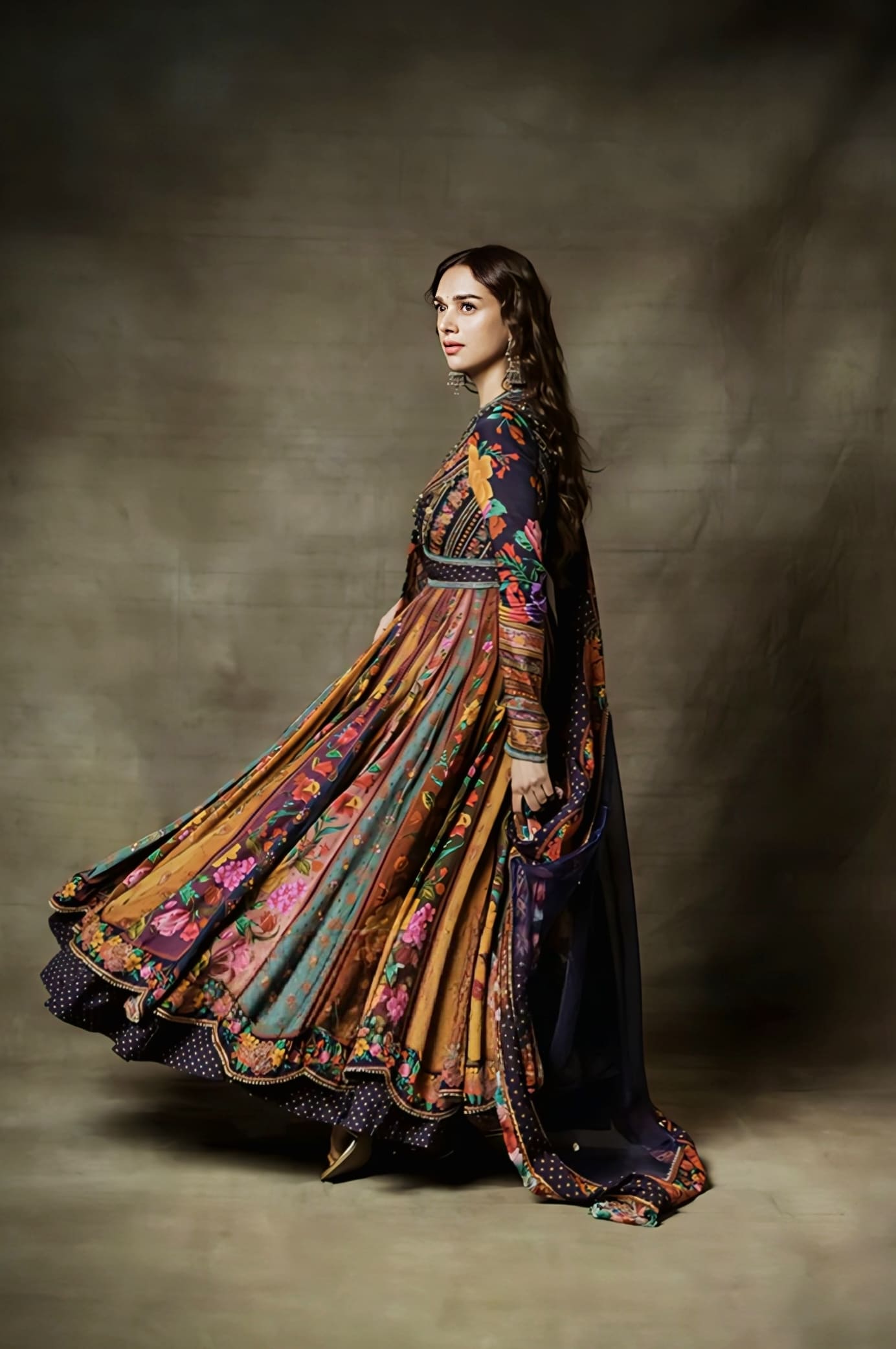Aditi Rao Hydari Inspired Blue Multicolour Digital Print Silk Anarkali Set | Dil Rang Zareen Designer Outfit