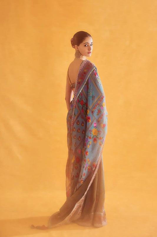 Ananya Panday Inspired Aqua Multicolour Crepe Saree Set with Embroidery | Dil Nawaz Nasreen Zarqa Designer Outfit