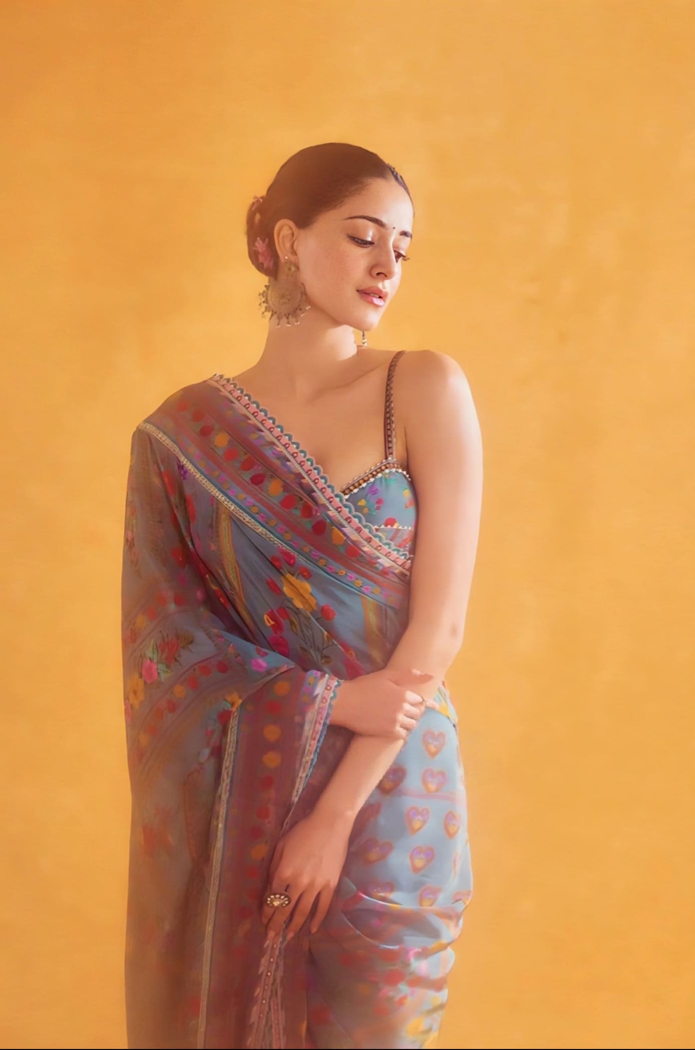 Ananya Panday Inspired Aqua Multicolour Crepe Saree Set with Embroidery | Dil Nawaz Nasreen Zarqa Designer Outfit