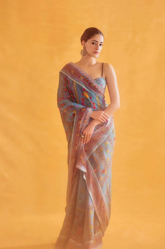 Ananya Panday inspired aqua multicolour crepe saree set with digital print and hand embroidery with silk bralette for festive wear