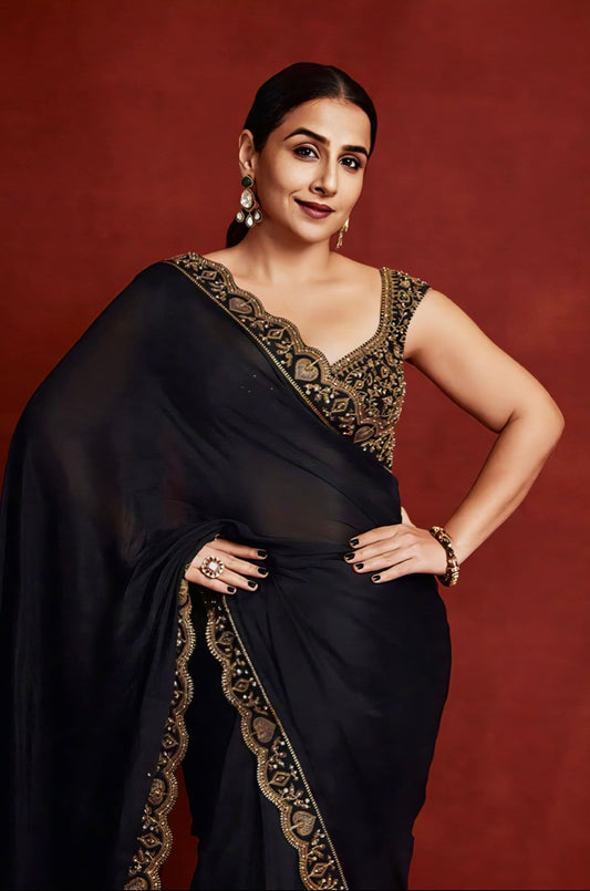Vidya Balan Inspired Black Hand-Embroidered Georgette Saree Set with Zari Work | Siyaahi Aparna Designer Outfit