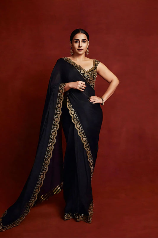 Vidya Balan inspired black georgette saree set with hand embroidery and zari work with silk blouse for evening wear
