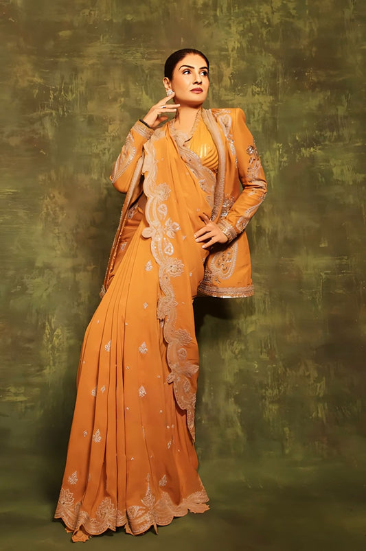 Raveena Tandon in Mehre Parthi Jacket Saree Set – Yellow Ochre Hand Embroidered Designer Saree with Silk Jacket