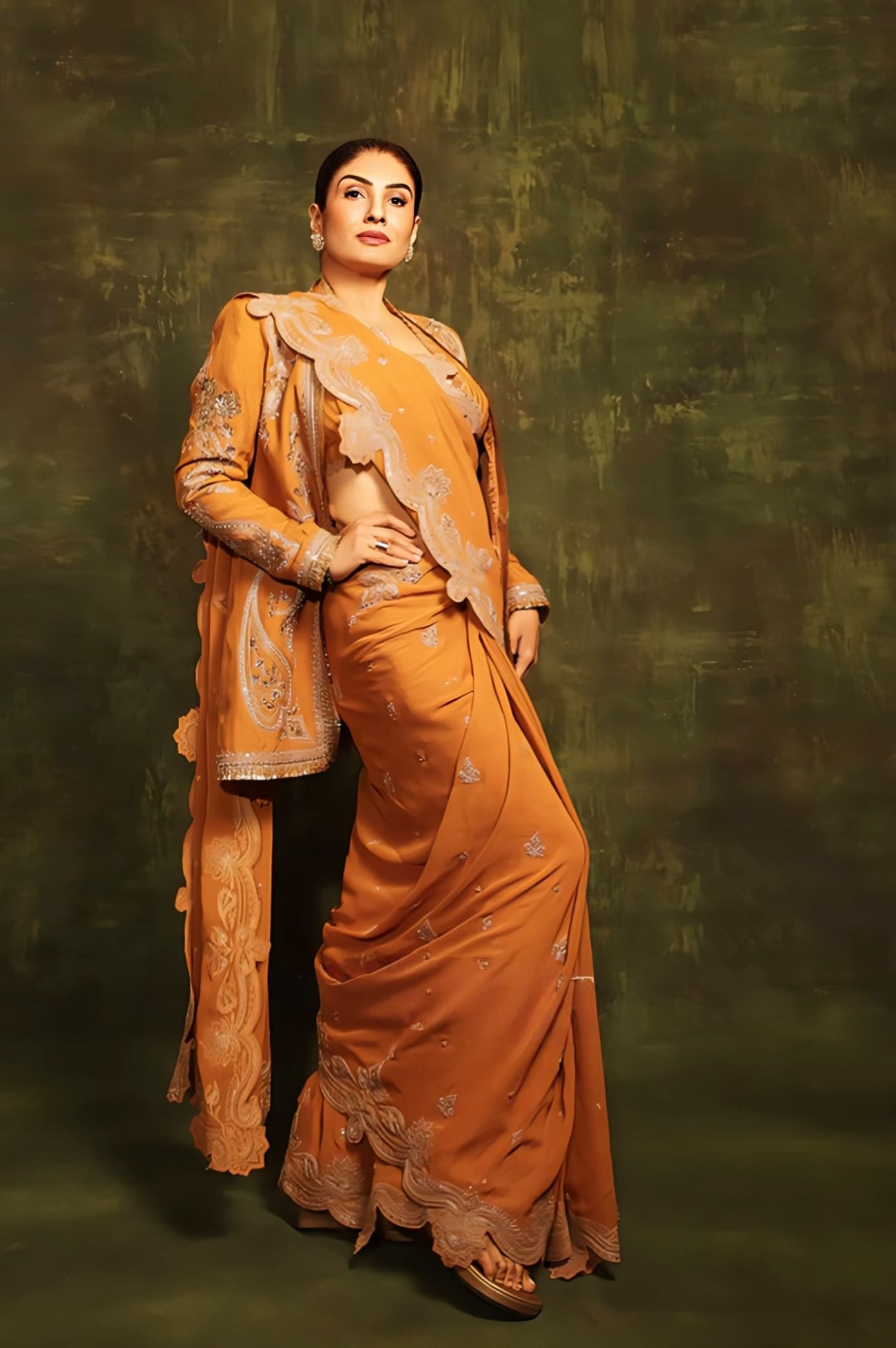 Raveena Tandon in Mehre Parthi Jacket Saree Set – Yellow Ochre Hand Embroidered Designer Saree with Silk Jacket