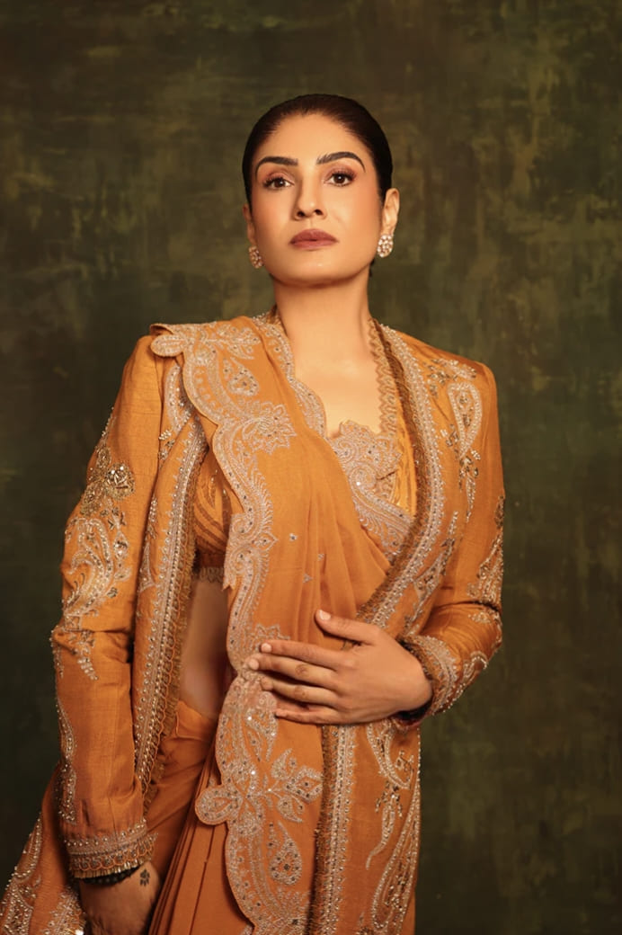 Raveena Tandon in Mehre Parthi Jacket Saree Set – Yellow Ochre Hand Embroidered Designer Saree with Silk Jacket