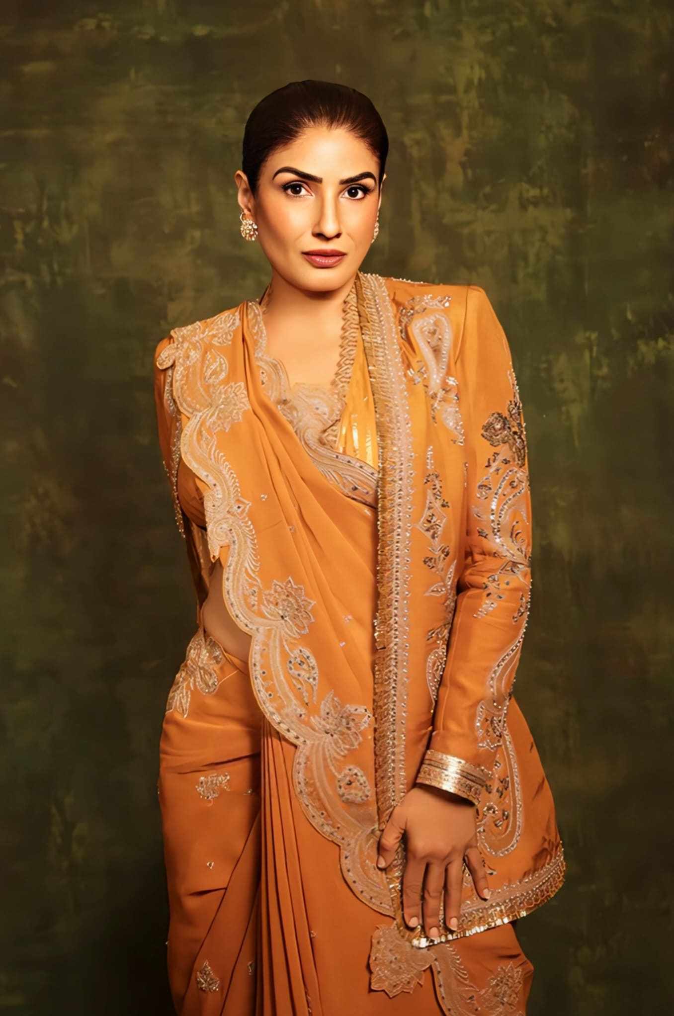 Raveena Tandon in Mehre Parthi Jacket Saree Set – Yellow Ochre Hand Embroidered Designer Saree with Silk Jacket