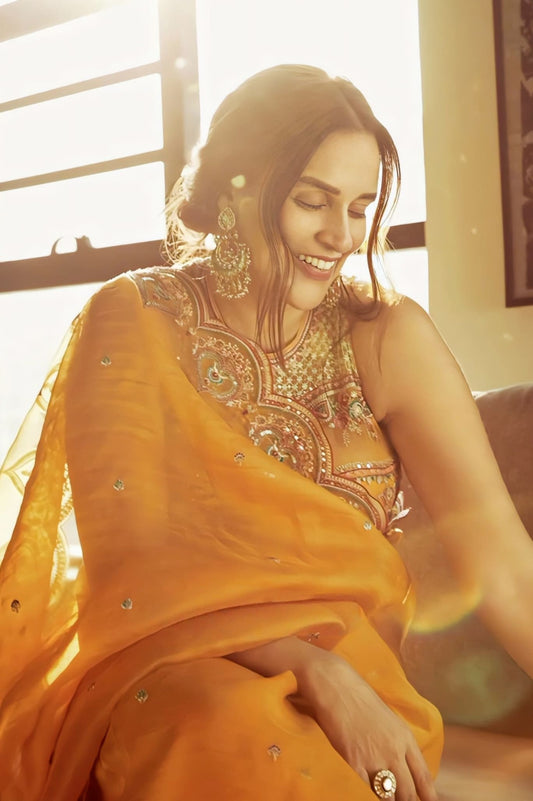 Neha Dhupia in Dil Seher Samila Safiyya Saree Set – Yellow Embroidered Organza Designer Saree