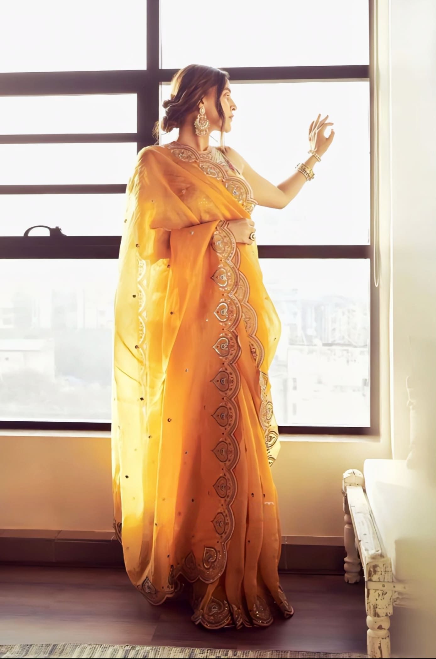 Neha Dhupia in Dil Seher Samila Safiyya Saree Set – Yellow Embroidered Organza Designer Saree