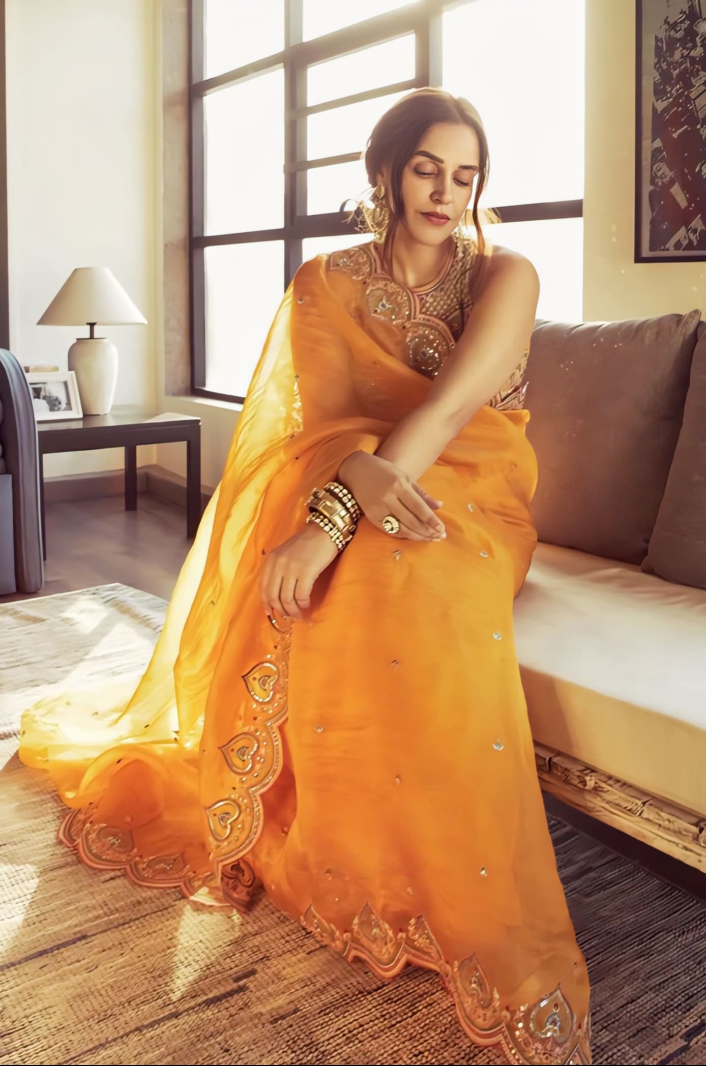 Neha Dhupia in Dil Seher Samila Safiyya Saree Set – Yellow Embroidered Organza Designer Saree