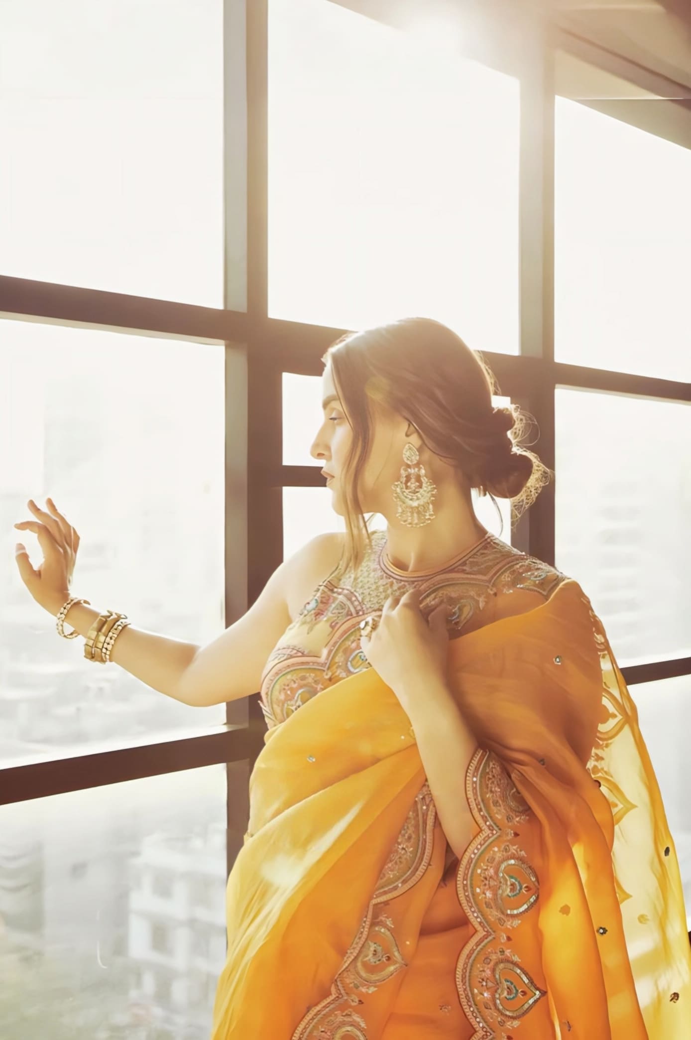 Neha Dhupia in Dil Seher Samila Safiyya Saree Set – Yellow Embroidered Organza Designer Saree