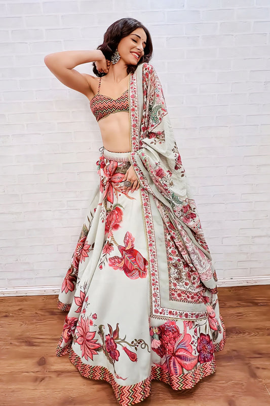 Handwoven Chanderi lehenga with digital print inspired by Ananya Pandey