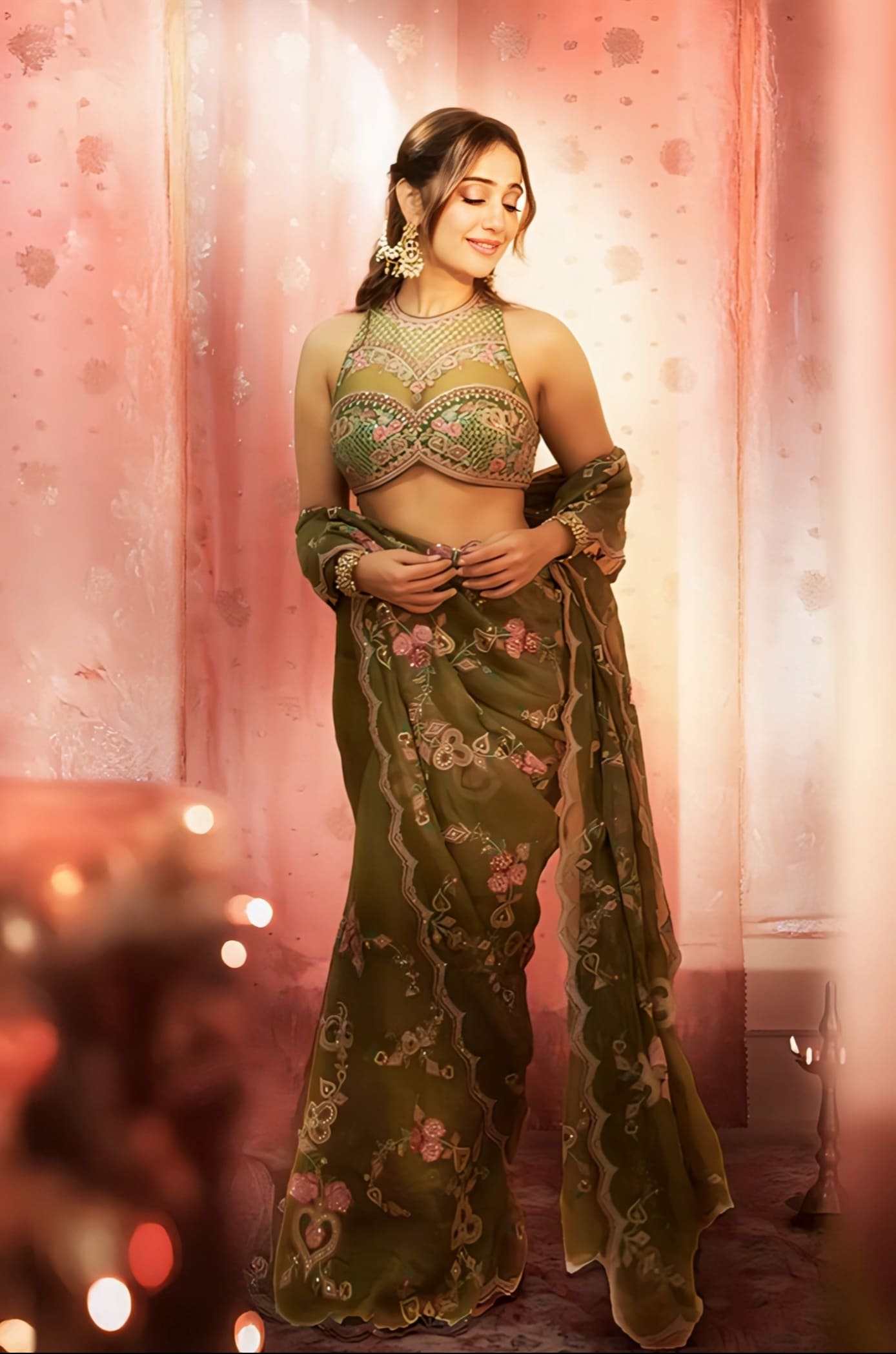 Designer green saree with butterfly net blouse inspired by Kusha Kapila
