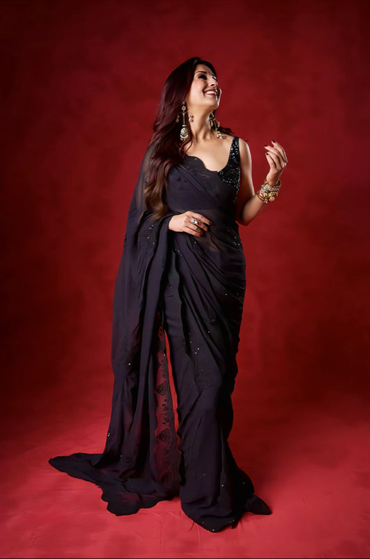 Designer black silk georgette saree inspired by Sonali Bendre
