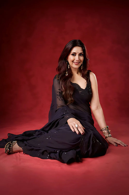Sonali Bendre in Bhadra Guncha Saree Set – Black Embroidered Silk Georgette Designer Saree