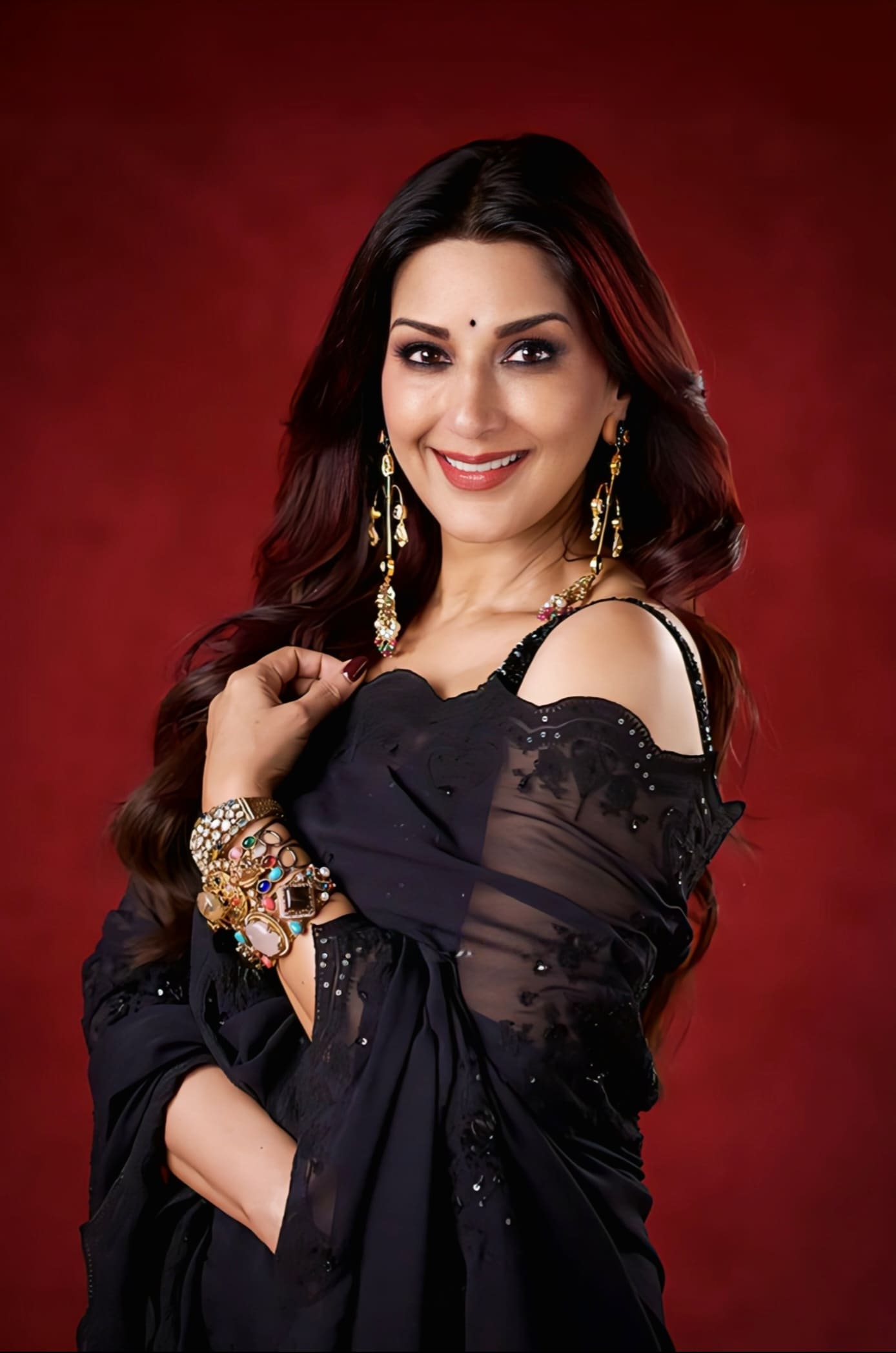Sonali Bendre in Bhadra Guncha Saree Set – Black Embroidered Silk Georgette Designer Saree